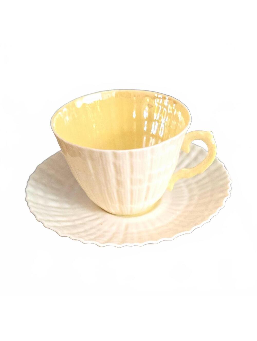 Belleek Porcelain Ivory/White Tea Cup & Saucer Set 2-Piece With Handle